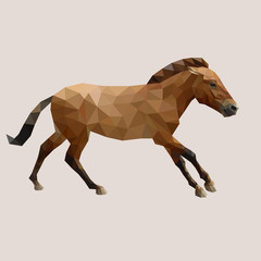 Young horse running. Vector, polygonal, abstract image of a brown stallion on gray background.