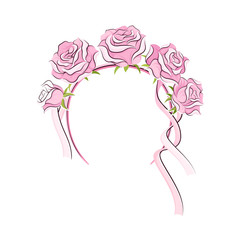 Pink Headband with Rose Flowers and Long Satin Ribbons as Ballet Accessory Vector Illustration