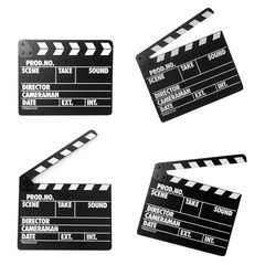 Set of clapper boards on white background. Cinema production