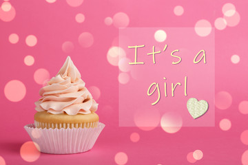 Baby shower cupcake for girl on pink background