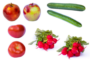 Vegetable and fruit set. Apple, Tomato, Cucumber, Radish.