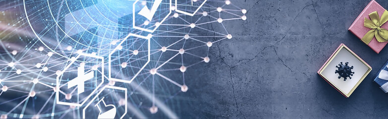 The concept of the world coronavirus pandemic. The geographical location of the virus. China flag and virus model and gift box.