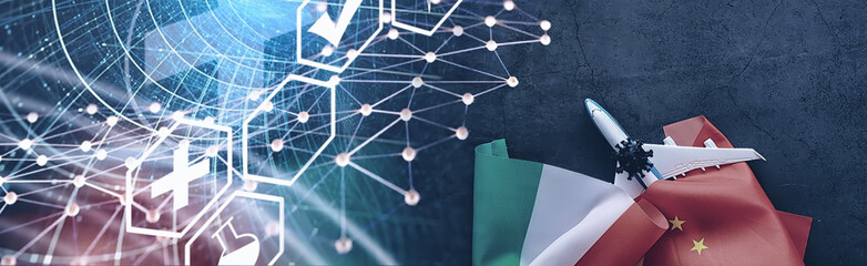 The concept of the world coronavirus pandemic. Geography of the virus. Modern infrastructure for the spread of the disease. Tourists infected have returned. China flag virus model and spread.