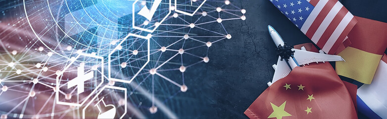 The concept of the world coronavirus pandemic. Geography of the virus. Modern infrastructure for the spread of the disease. Tourists infected have returned. China flag virus model and spread.