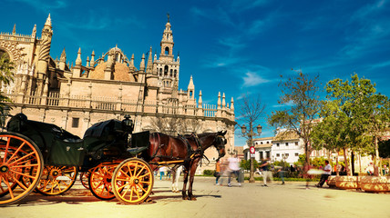 Naklejka na ściany i meble Seville, Spain - 10 February 2020 : Horses and Carriages Waiting for Tourists for a ride in Seville Spain City Center