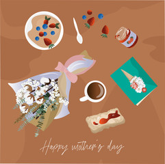 Happy mother's day. Cute vector flat illustration with gradient for mom. A festive breakfast for mom on her day. Greeting card and flowers for mom.