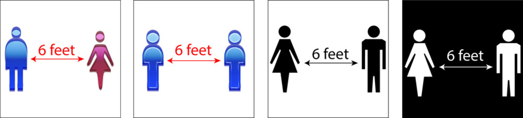Social distancing set of icons. man and  woman black and white silhouettes and blue and pink with arrow distance between.  used during coronavirus covid-19 prevention 