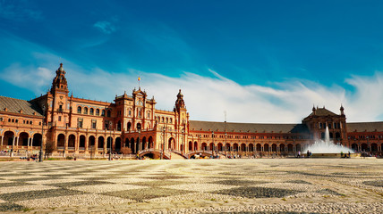Fototapeta premium Seville, Spain - 10 February 2020 : Plaza de Espana Spain Square Architecture Side View in Seville Spain City Center
