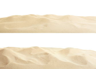 Fototapeta na wymiar Heaps of dry beach sand on white background