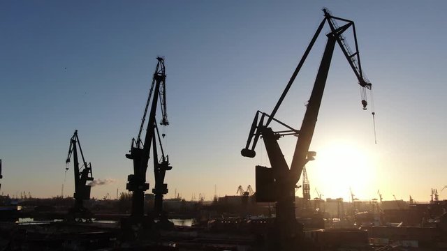 Shipyard cranes during a sunrise