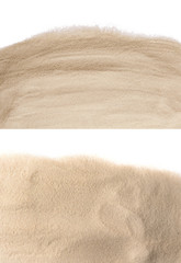 Fototapeta na wymiar Heaps of dry beach sand on white background, top view