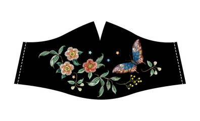    Embroidery trend floral pattern with flowers and butterfly. Vector traditional folk floral on black background for design Face Masks.