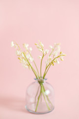 Greeting card with white lily of the valley on pink background for celebration Mothers Day, wedding, March 8. Nature concept. Home garden in vase. Summer green floral design. Selective focus.