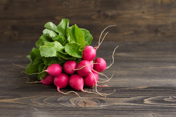 Bunch of fresh red radish on wooden background, free space, selective focus