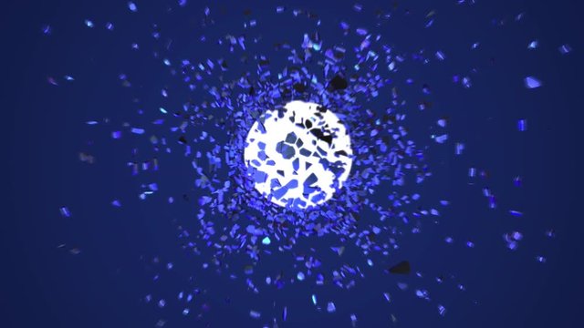 motion template with spherical object crushed into pieces, matte channel included so it is easy to put your content or logo on the white sphere and and show  how it appears under exploding shell