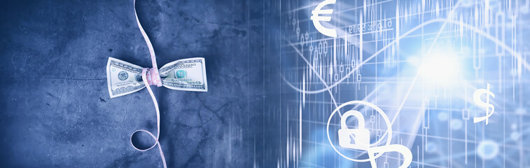 Business concept. The depreciation of the national currency. Hundred dollar bill. Inflation and stagnation. Tighten the hundred dollar bill with a measuring chain.