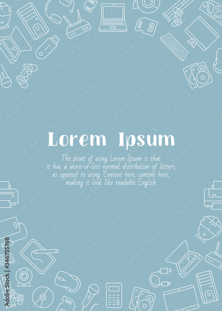Poster electronic devices - vertical card with text and vector outline illustrations of technique and compu