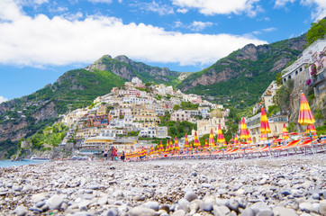 Breathtaking and beautiful view of Positano town and Spiaggia beach at famous Amalfi Coast in Italy...