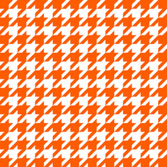 Goose foot. Pattern of crow's feet in orange and white cage. Glen plaid. Houndstooth tartan tweed. Dogs tooth. Scottish checkered background. Seamless fabric texture. Vector illustration