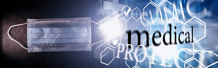 Personal protective equipment. Disposable medical mask. Gauze bandage for respiratory protection. Medical accessories.