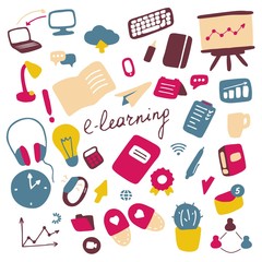 Online education icon set. E-learning symbols. Flatvector illustration