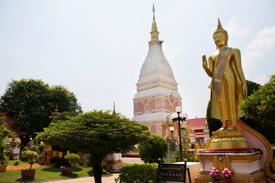 Pagoda or Stupa of Wat Phra That Renu Nakhon temple for foreign traveler and thai people travel visit and respect praying golden buddha statue and buddha's relics pink chedi in Nakhon Phanom, Thailand