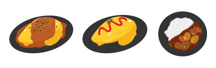 Omurice. Japanese omelette with ketchup. Omelette with curry sauce. Curry rice.