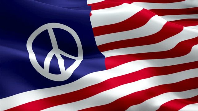 Peace on USA flag Closeup 1080p Full HD 1920X1080 footage video waving in wind. National 3d Peace Day on USA flag waving. Sign of Peace seamless loop animation. Peace on USA flag HD resolution Backgro