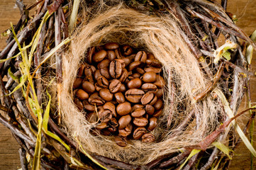 Beans of black coffee lie in a nest made of tree twigs. Background for coffee drinks.