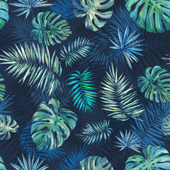 Naklejka na ściany i meble Seamless tropical watercolor pattern on a blue background. Palm leaves, monstera leaves.