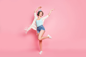 Fototapeta na wymiar Full length body size view of her she nice attractive lovely pretty cheerful cheery positive girl dancing having fun chill out bachelorette air wind blowing isolated over pink pastel color background