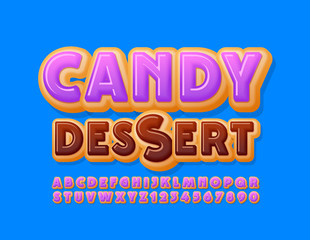 Vector tasty emblem Candy Dessert with Violet Glazed Font. Sweet Donut Alphabet Letters and Numbers