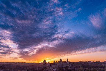 medieval castle or stronghold silhouette and beautiful sunset