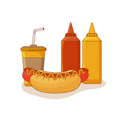 Combo fast food menu. Hot dog, soda pop, ketchup and mustard
