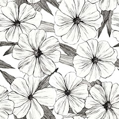 Fototapeta premium Seamless pattern with graphic flowers and leaves. Hand drawn in ink.