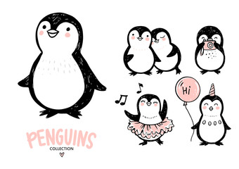 Doodle penguins, hand drawn set of funny animals. Vector Penguin character in sketch style.