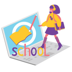 The inscription school. Girl goes to online school. Modern design concept of online school. Schoolgirl stands on a laptop and holds a book in her hand. Bright vector flat illustration isolated on whit