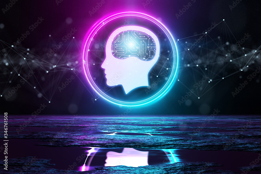 Aufkleber Digital brain holographic icon illuminating the floor with blue and pink neon light 3D rendering