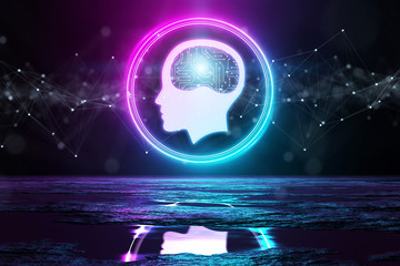 Digital brain holographic icon illuminating the floor with blue and pink neon light 3D rendering