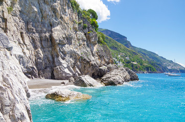 Breathtaking and beautiful view of Positano town at famous Amalfi Coast in Italy with picturesque...