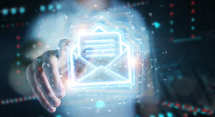 Man using digital email blue holographic interface 3D rendering