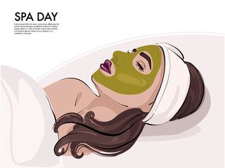 Woman with face mask in cosmetology cabinet. Natural or organic  facial mask on young girl in beauty salon, skin care, spa refresh and moistruzing face  treatment. Cartoon illustration in vector