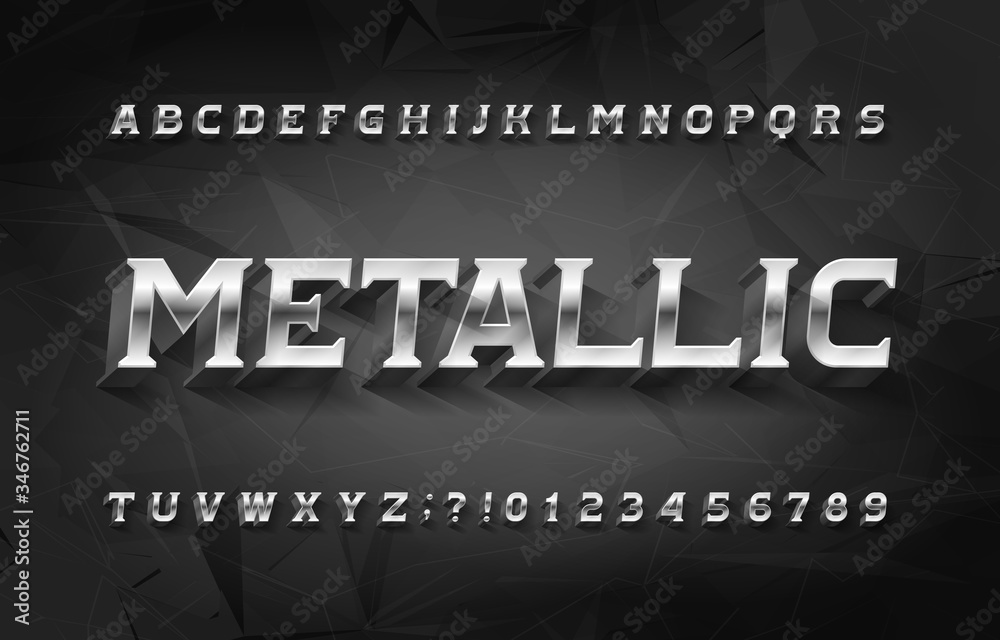 Fototapete metallic alphabet font. 3d chrome effect letters and numbers with shadow. polygonal background. stoc