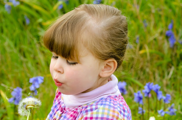 little girl blowing on a dandelion while making a wish