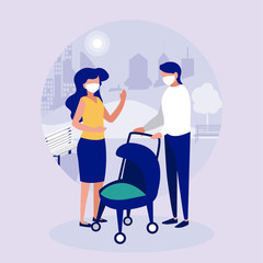 Family with masks at park vector design