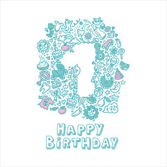 Nice gentle vector doodle card template with number one year. Lettering Happy Birthday to baby invitation, children's holiday design. Funny background greeting card, poster, print on t-shirt. concept 