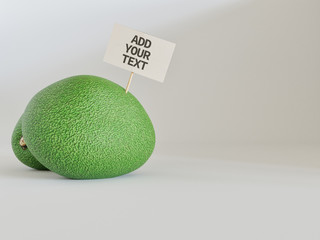 Avocados in white background studio set with a label for adding text