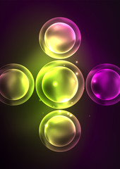 Glowing neon shiny transparent bubbles, glass circles or bio cell concept. Techno futuristic vector abstract background For Wallpaper, Banner, Background, Card, Book Illustration, landing page
