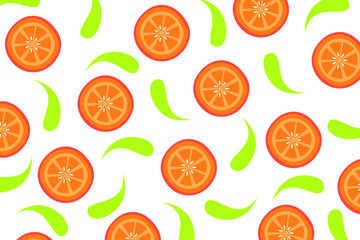 Seamless pattern with slices of orange and leaves. Abstraction of summer fruit background. Vector illustration