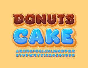 Vector tasty logo Donuts Cake with Blue Glazed Alphabet Letters and Numbers. Sweet delicious Font